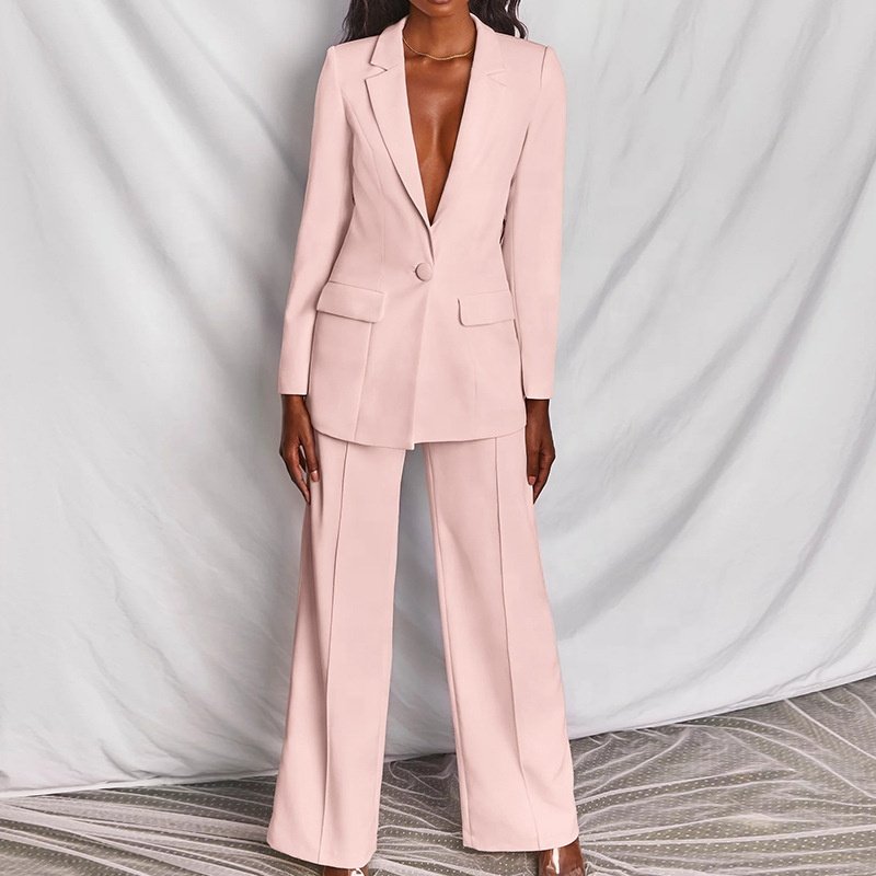 Women's 2 Piece Suits Set Slim Fit Solid Blazer Pants Casual Office Lady Suit Work Blazer Sets