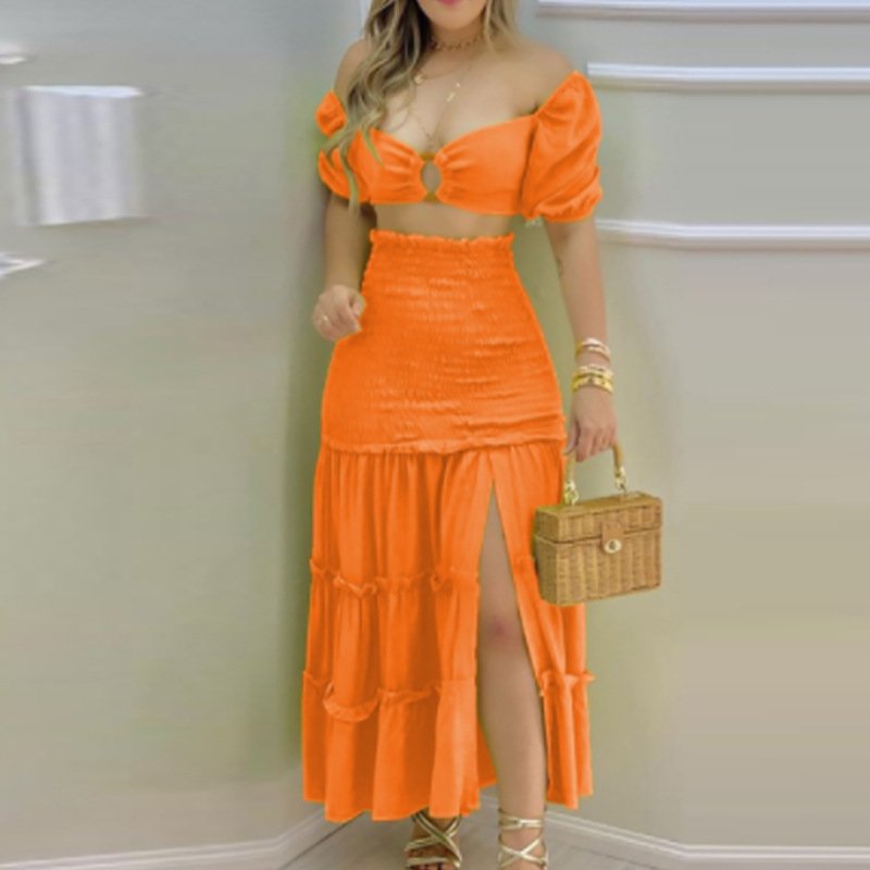 New 2024 Women'S Sweet Summer Vintage Polyester Solid Color Short Sleeve Dress Suit Ladies Two Piece Casual Long Skirt