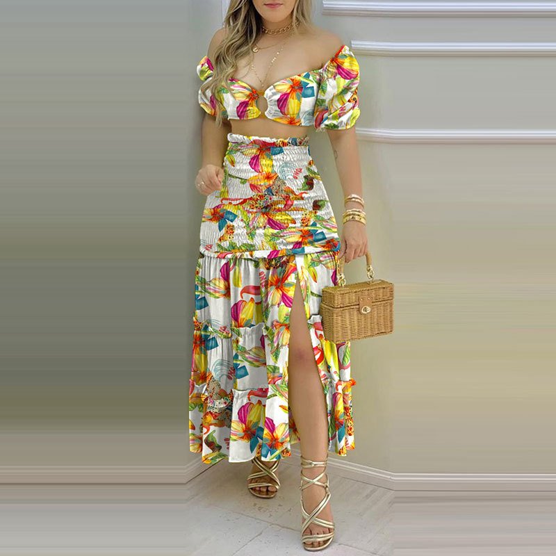 New 2024 Women'S Sweet Summer Vintage Polyester Solid Color Short Sleeve Dress Suit Ladies Two Piece Casual Long Skirt