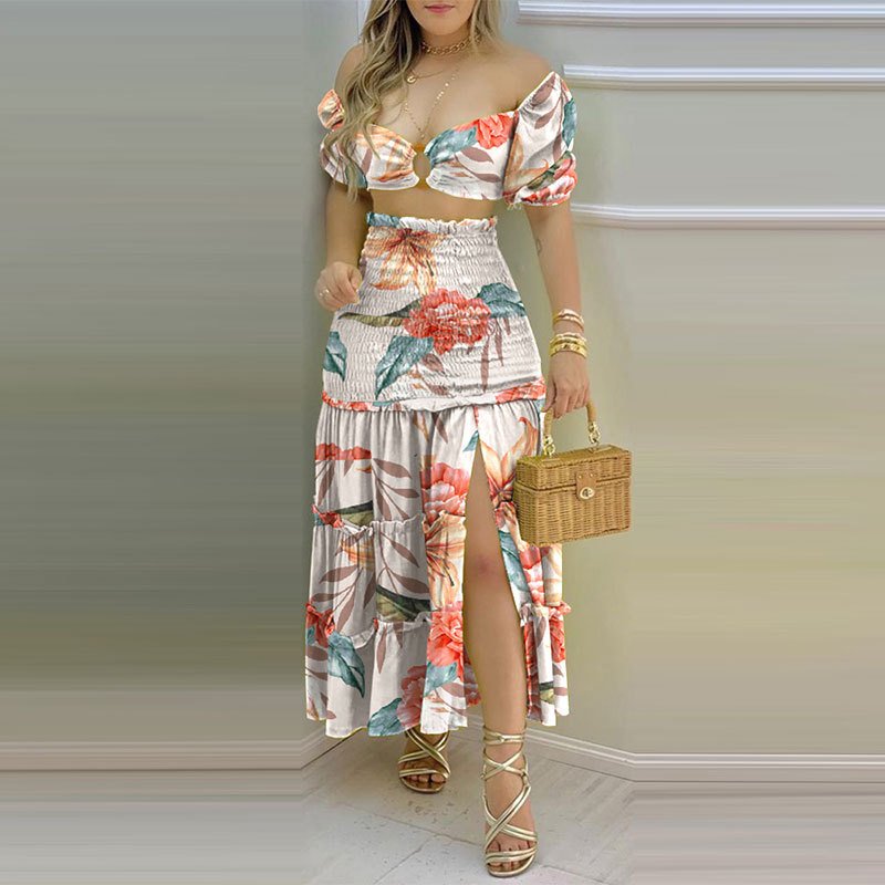 New 2024 Women'S Sweet Summer Vintage Polyester Solid Color Short Sleeve Dress Suit Ladies Two Piece Casual Long Skirt