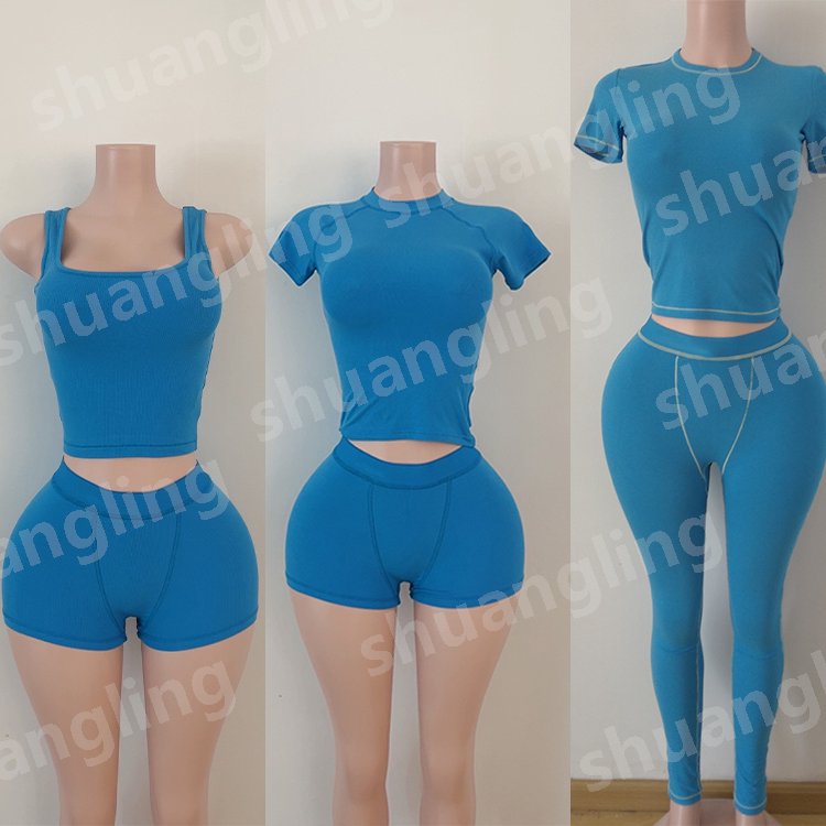 Fall 2024 Women Clothes Custom Logo Color Skinny Ribbed Shirt and Shorts Set Leggings for Women Loungewear Women's Sets
