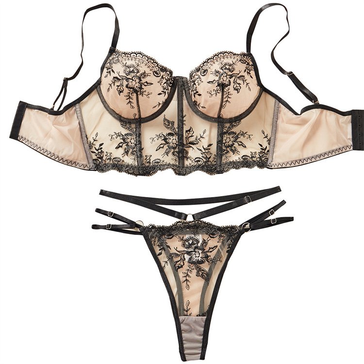 Cross border European and American sexy embroidery print perspective temptation fishbone steel ring fun women's bra set