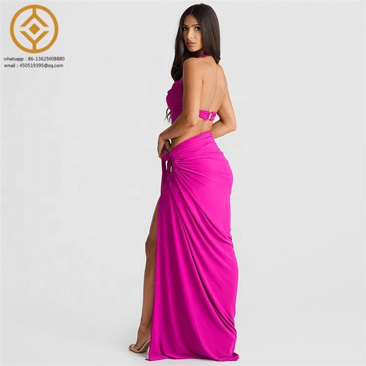 H4S50785 Summer Women's Two Pieces Set Neon Sleeveless Backless Crop Tank Top Maxi Spilt Bodycon Sexy Skirt Set Women