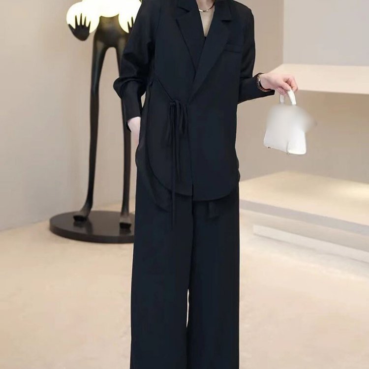 Wholesale 2024 Summer New Causal Loose Style Lace Up Shirt Top Straight Sleeve Suit Wide Leg Pants Two Piece Women's Set