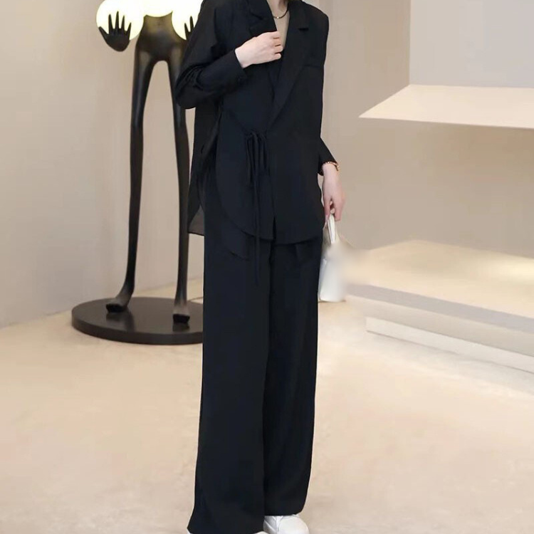 Wholesale 2024 Summer New Causal Loose Style Lace Up Shirt Top Straight Sleeve Suit Wide Leg Pants Two Piece Women's Set