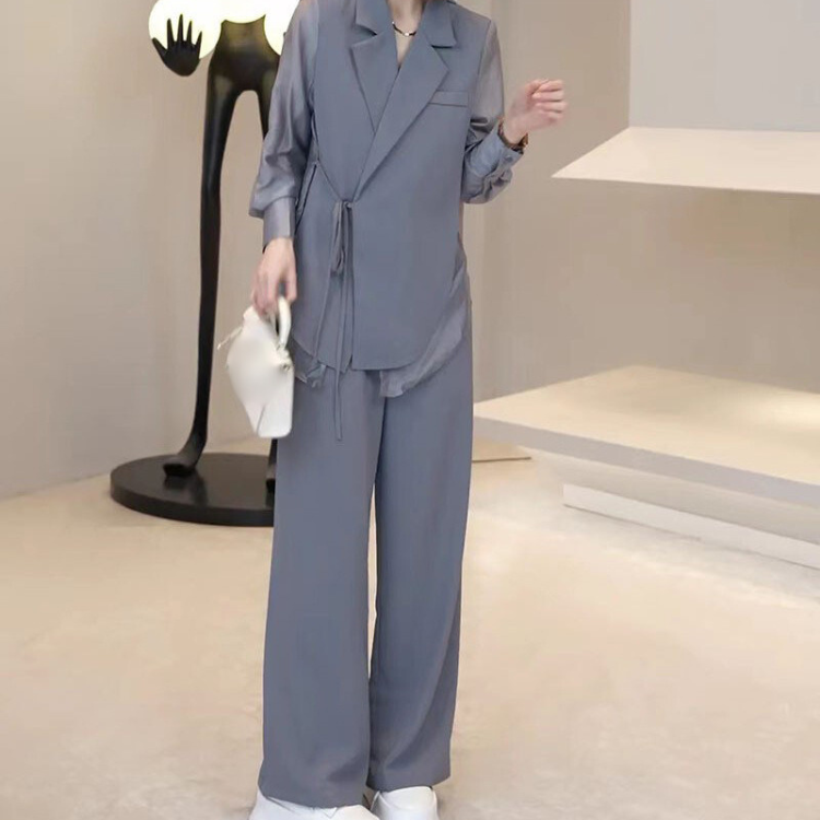 Wholesale 2024 Summer New Causal Loose Style Lace Up Shirt Top Straight Sleeve Suit Wide Leg Pants Two Piece Women's Set