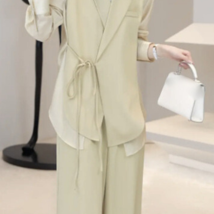 Wholesale 2024 Summer New Causal Loose Style Lace Up Shirt Top Straight Sleeve Suit Wide Leg Pants Two Piece Women's Set