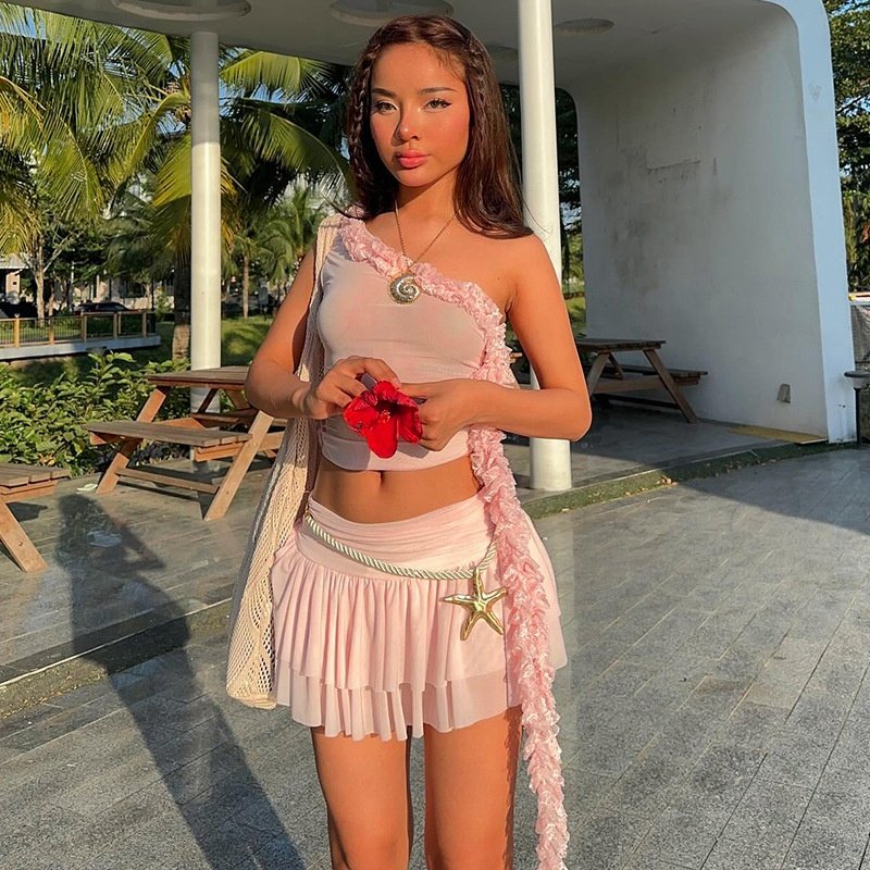 JY summer 2024 new slant shoulder sleeveless crop top and short skirt 2 piece set solid sexy lace casual women's set