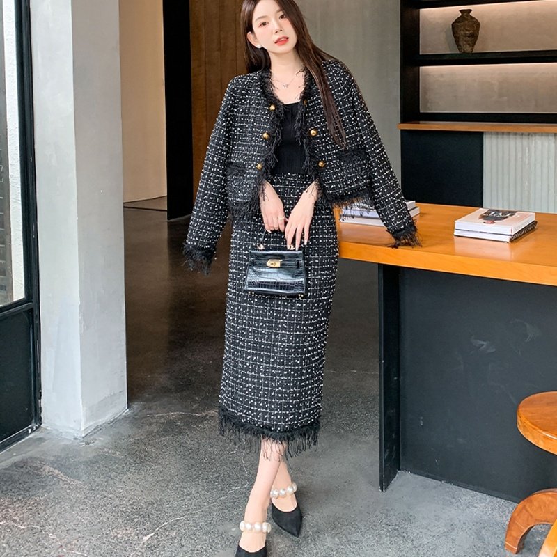 Tweed women's Autumn French Design Sense Small Fragrance New Tassel Short Coat Half Skirt Set for Women