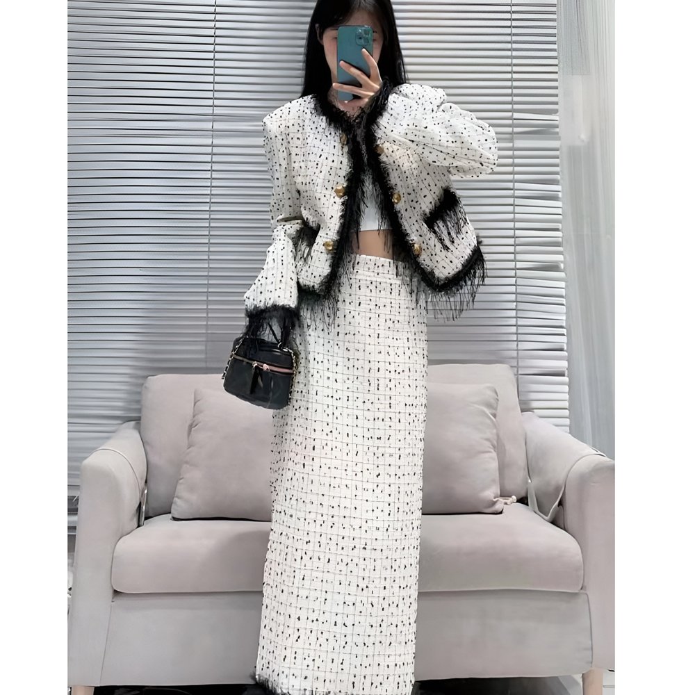 Tweed women's Autumn French Design Sense Small Fragrance New Tassel Short Coat Half Skirt Set for Women