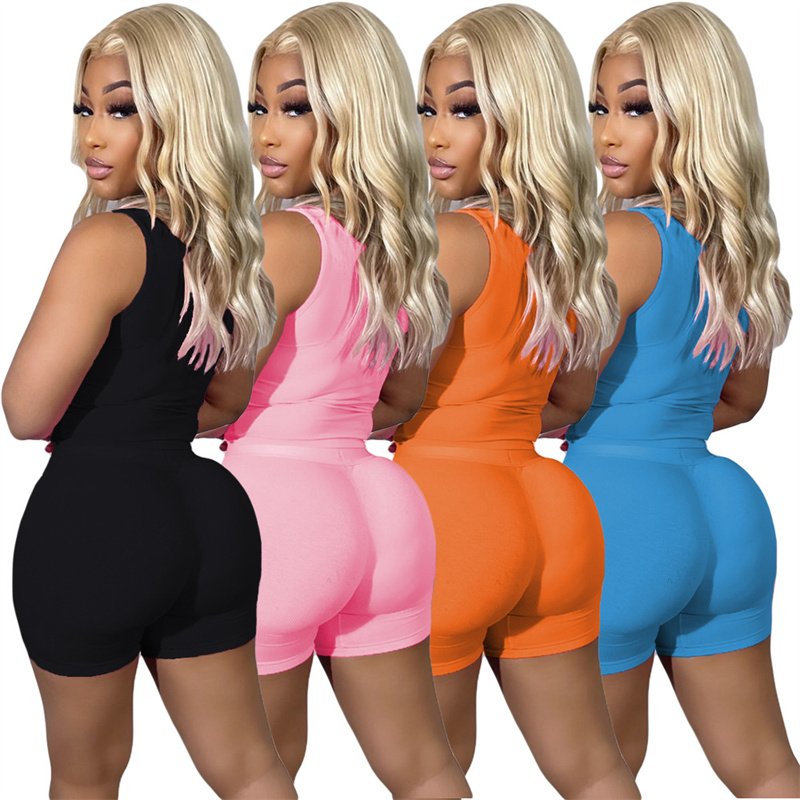 Custom Logo Embroidery Knitting Ribbed Summer Two Piece Set Clothing Workout Short Set for Women Matching Loungewear Sets Women
