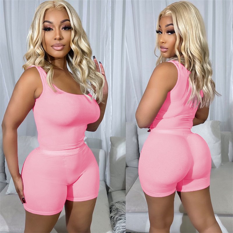 Custom Logo Embroidery Knitting Ribbed Summer Two Piece Set Clothing Workout Short Set for Women Matching Loungewear Sets Women