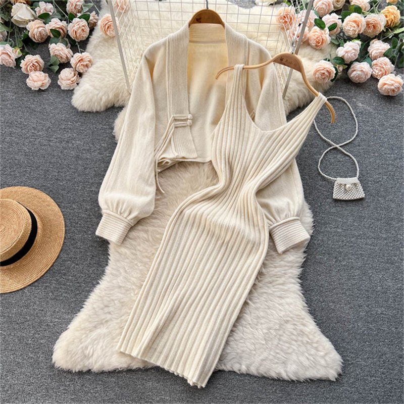 2024 Hot Selling Autumn Winter Knitting Suit Women's Short Sweater Shawl Coat+Strap Dress Two Piece Set