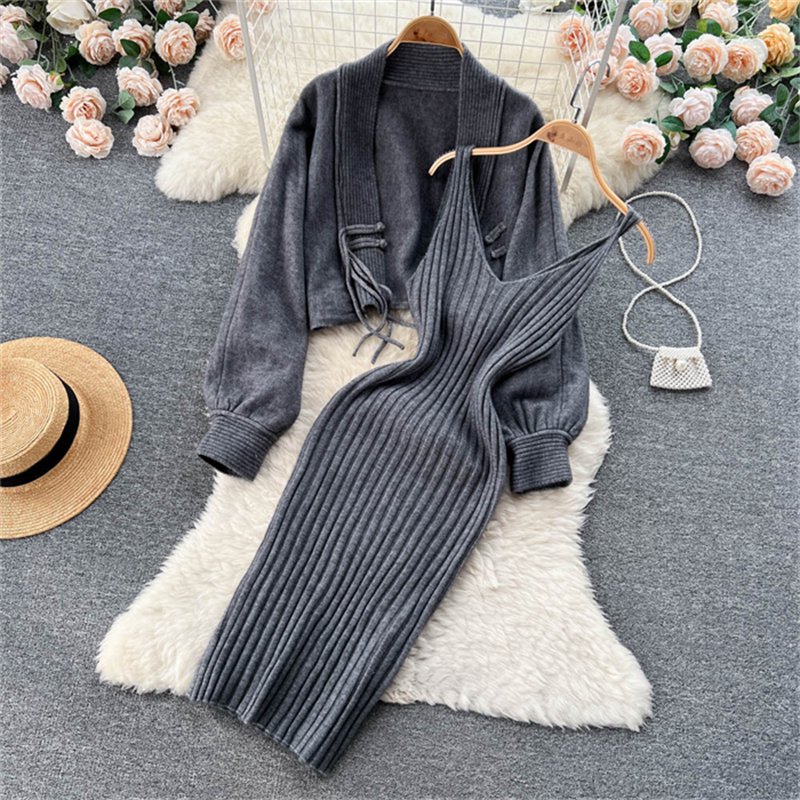2024 Hot Selling Autumn Winter Knitting Suit Women's Short Sweater Shawl Coat+Strap Dress Two Piece Set