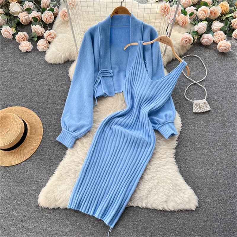 2024 Hot Selling Autumn Winter Knitting Suit Women's Short Sweater Shawl Coat+Strap Dress Two Piece Set
