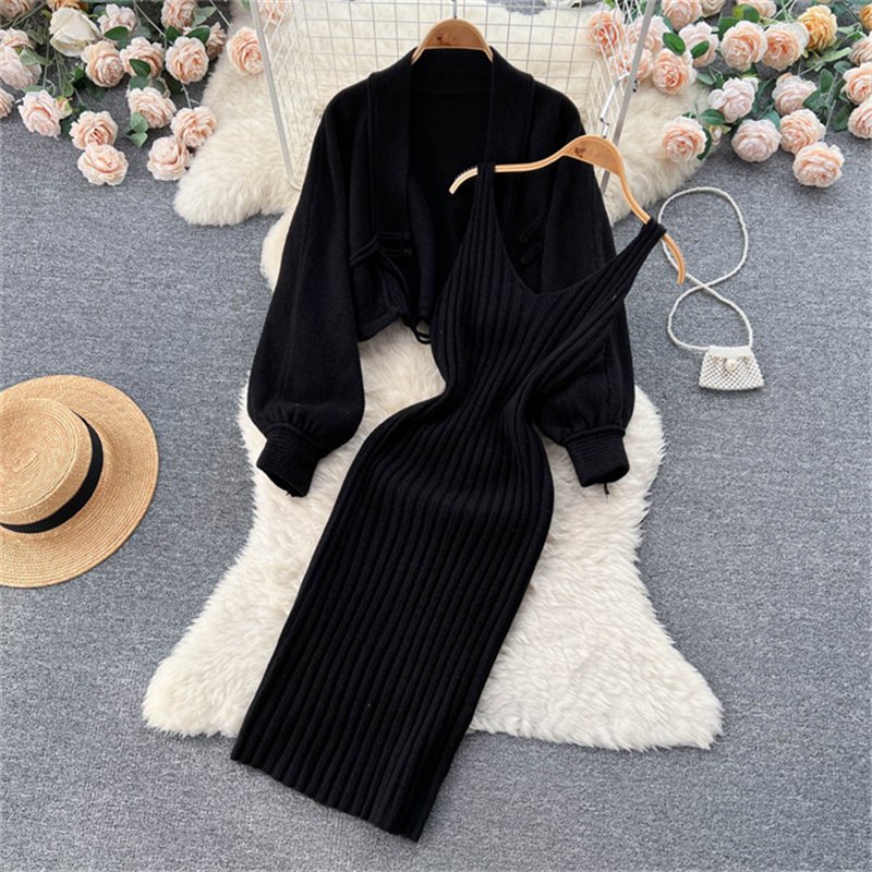 2024 Hot Selling Autumn Winter Knitting Suit Women's Short Sweater Shawl Coat+Strap Dress Two Piece Set