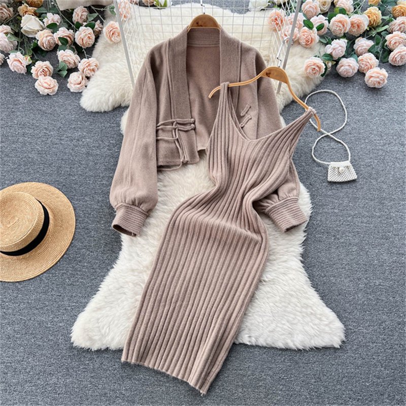 2024 Hot Selling Autumn Winter Knitting Suit Women's Short Sweater Shawl Coat+Strap Dress Two Piece Set