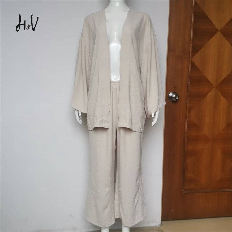LH Women's Sets Linen Long Sleeve Cardigan Top Wide Leg Pants Suits Casual 2 Piece Set Women Spring 2023 Loungewear Women Sets