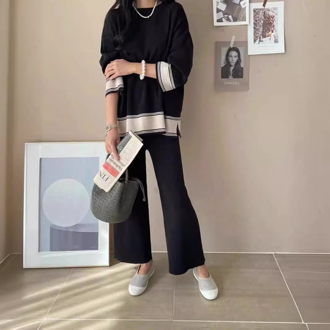 Boutique Wholesale 2024 Autumn New Loose Contrasting Knitted Sweater Casual Wide Leg Pants Women's Set