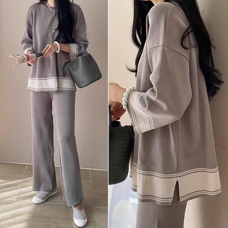 Boutique Wholesale 2024 Autumn New Loose Contrasting Knitted Sweater Casual Wide Leg Pants Women's Set