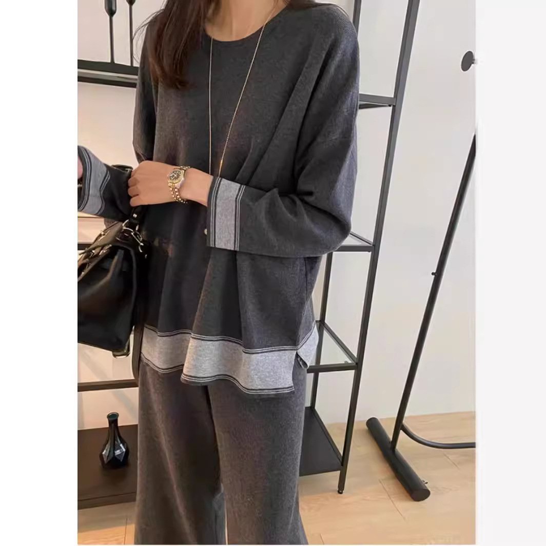 Boutique Wholesale 2024 Autumn New Loose Contrasting Knitted Sweater Casual Wide Leg Pants Women's Set