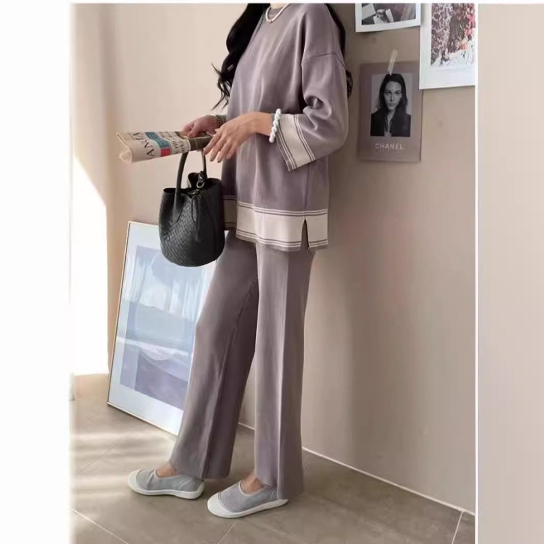 Boutique Wholesale 2024 Autumn New Loose Contrasting Knitted Sweater Casual Wide Leg Pants Women's Set