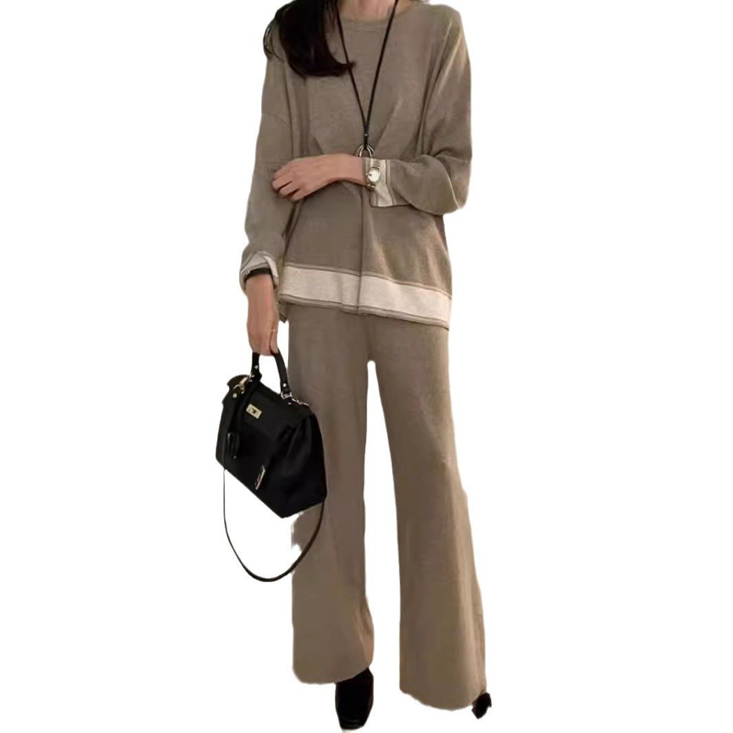 Boutique Wholesale 2024 Autumn New Loose Contrasting Knitted Sweater Casual Wide Leg Pants Women's Set