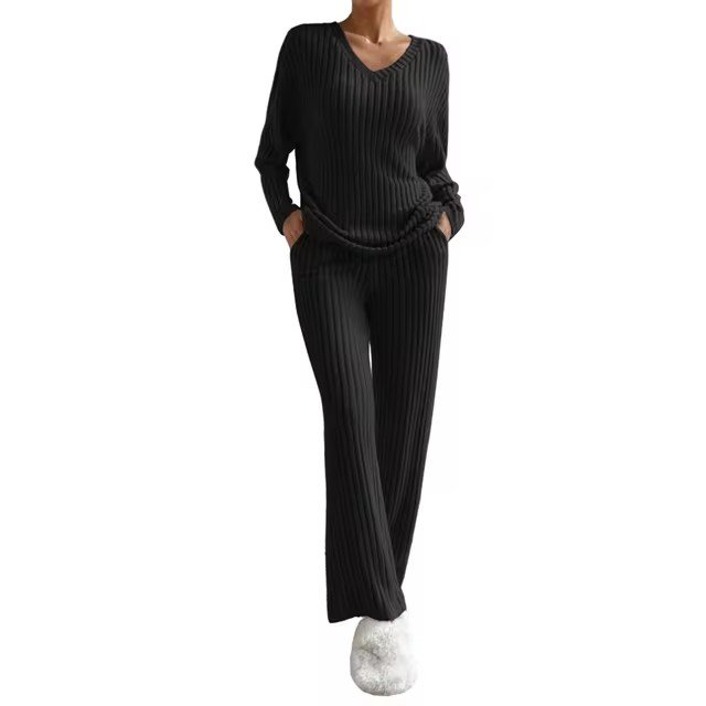 Women s 2 Piece Knitted Outfits Set Long Sleeve Ribbed Pullover Top Pants Loungewear Sets for Women Loungewear