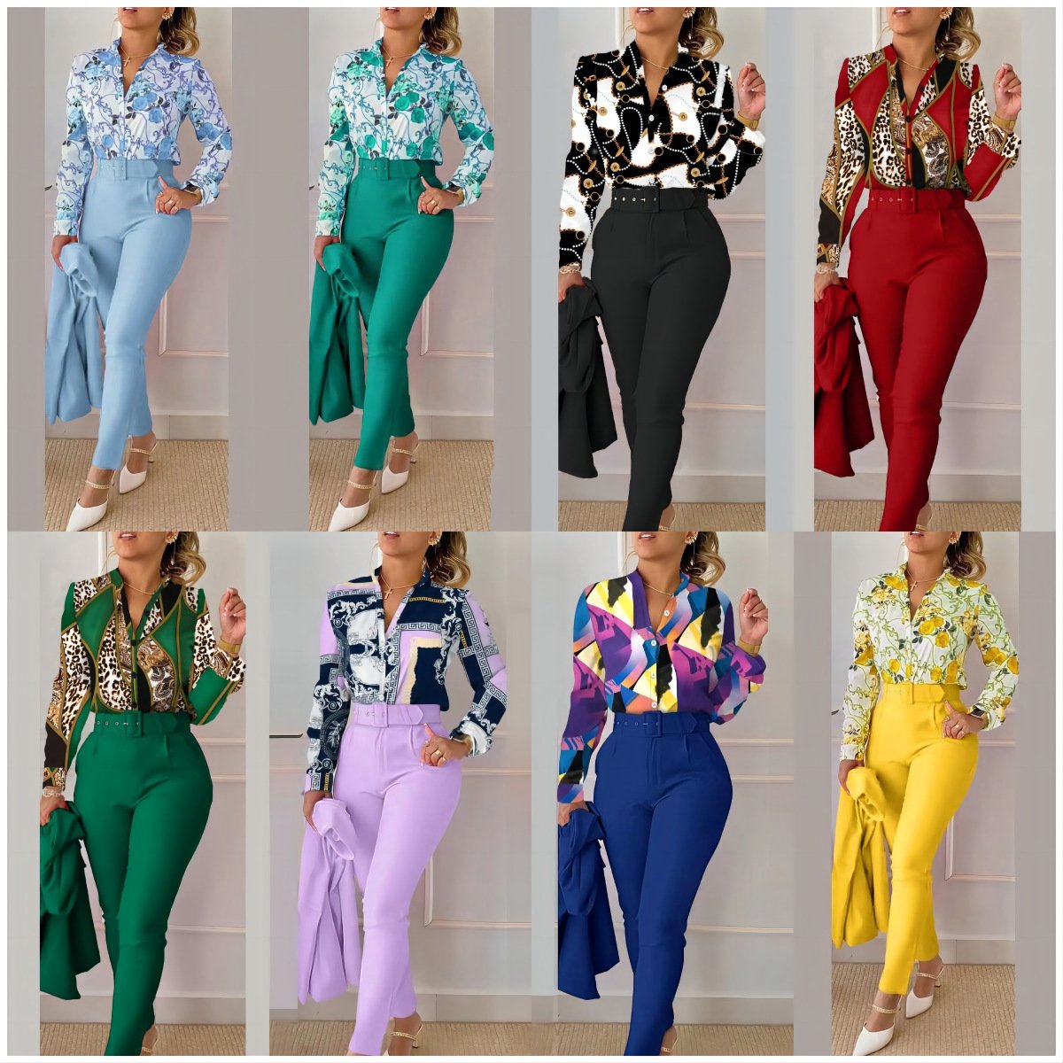 Spring Fall Women's Clothing Women Casual Temperament Commuter Long Sleeve Print Shirt Pants Two Piece Ladies Sets