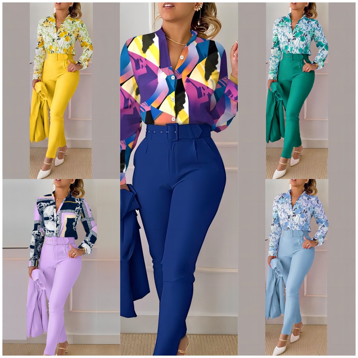 Spring Fall Women's Clothing Women Casual Temperament Commuter Long Sleeve Print Shirt Pants Two Piece Ladies Sets