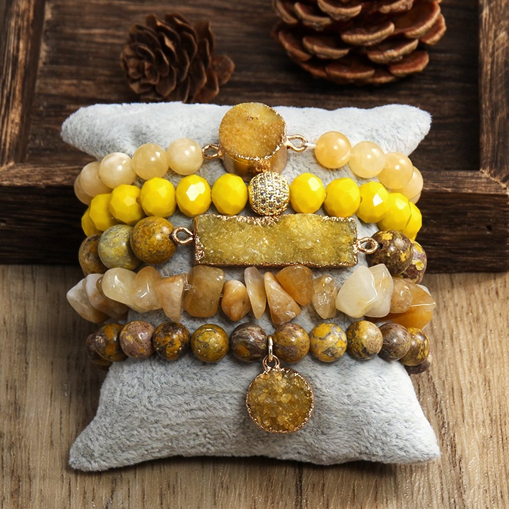 Fashion women Boho Jewelry Natural Crystal Glass Beads Gemstone Druzy Charm Bracelet & Bangle 5pc Stack Bracelets Sets