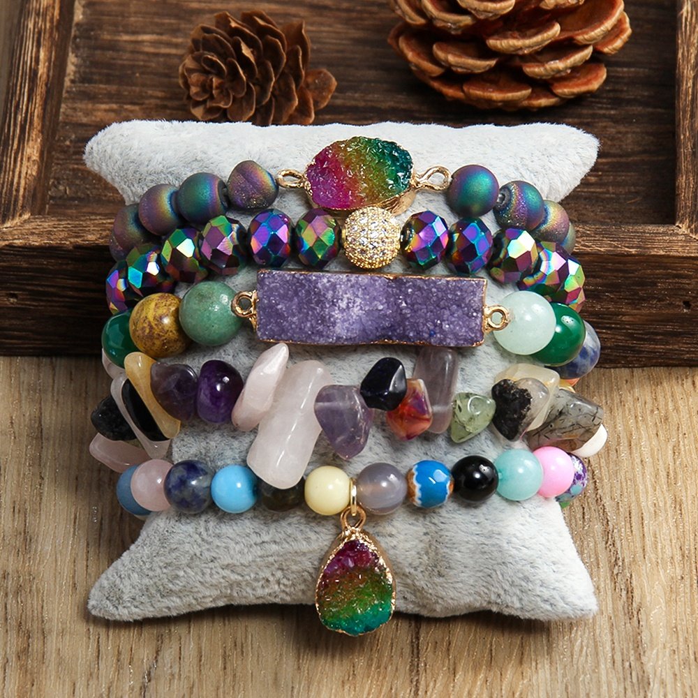 Fashion women Boho Jewelry Natural Crystal Glass Beads Gemstone Druzy Charm Bracelet & Bangle 5pc Stack Bracelets Sets