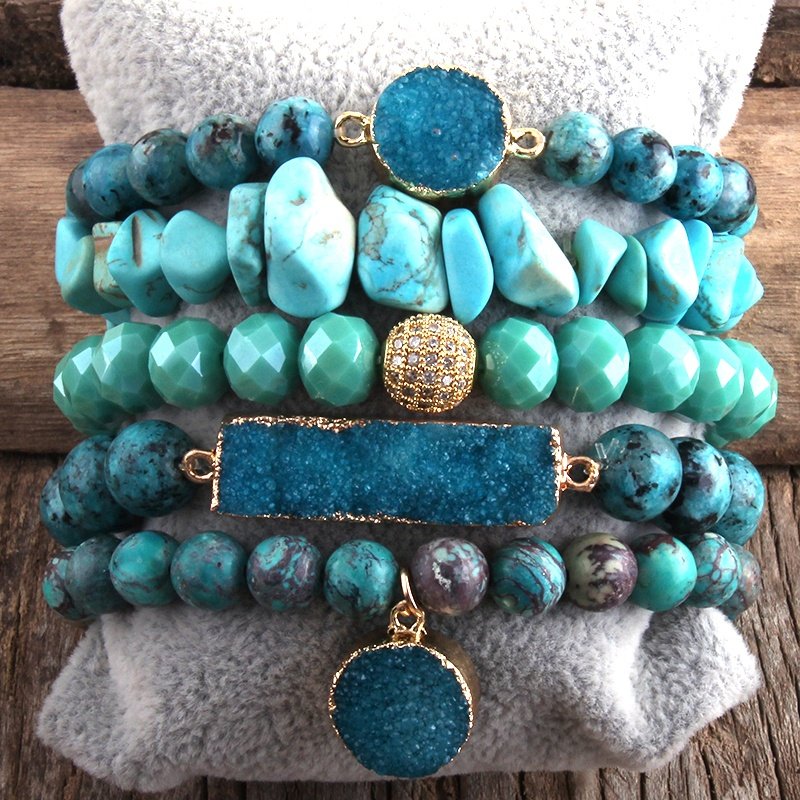 Fashion women Boho Jewelry Natural Crystal Glass Beads Gemstone Druzy Charm Bracelet & Bangle 5pc Stack Bracelets Sets