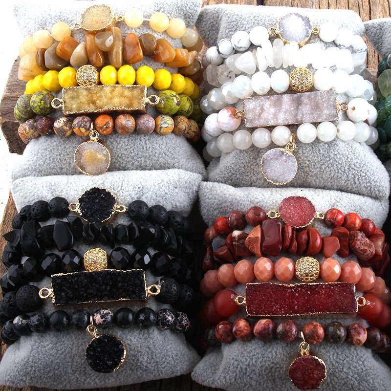 Fashion women Boho Jewelry Natural Crystal Glass Beads Gemstone Druzy Charm Bracelet & Bangle 5pc Stack Bracelets Sets