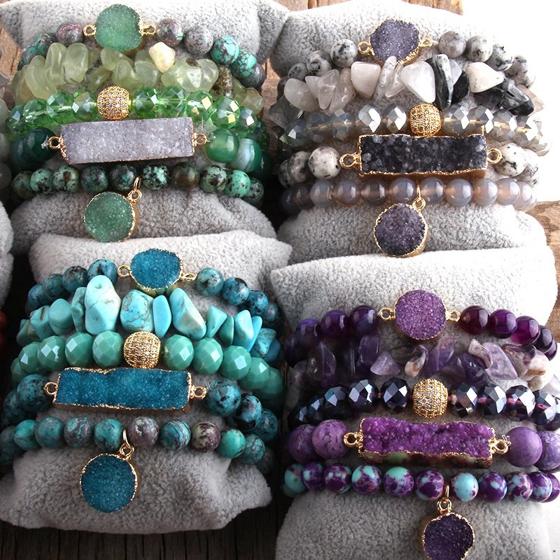 Fashion women Boho Jewelry Natural Crystal Glass Beads Gemstone Druzy Charm Bracelet & Bangle 5pc Stack Bracelets Sets