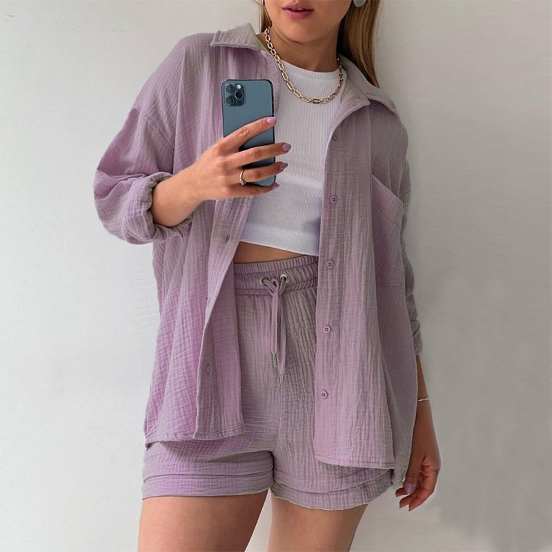 2024 Women's Two-Piece Wrinkle Leverage Long-Sleeved Shirt High Waist suit Drawstring Shorts plus size Fashion Casual daily set