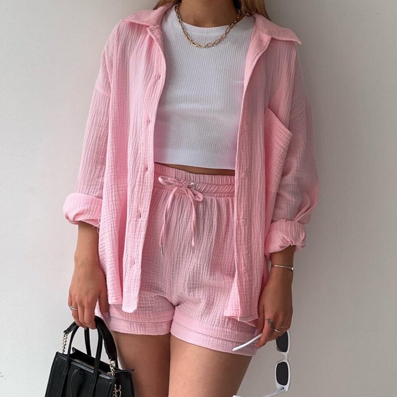 2024 Women's Two-Piece Wrinkle Leverage Long-Sleeved Shirt High Waist suit Drawstring Shorts plus size Fashion Casual daily set