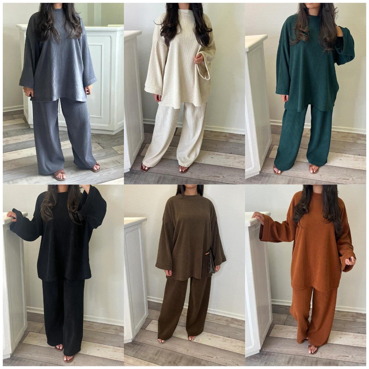 Boutique Wholesale 2024 Summer New Corduroy Solid Color Round Neck Long Sleeved Sweatshirt Casual Pants Women's Set