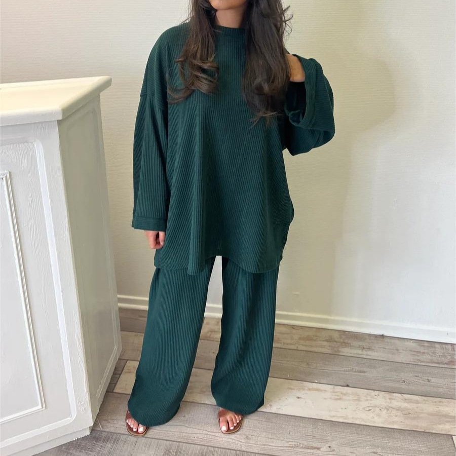 Boutique Wholesale 2024 Summer New Corduroy Solid Color Round Neck Long Sleeved Sweatshirt Casual Pants Women's Set