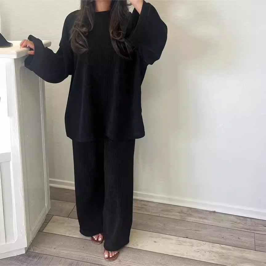 Boutique Wholesale 2024 Summer New Corduroy Solid Color Round Neck Long Sleeved Sweatshirt Casual Pants Women's Set
