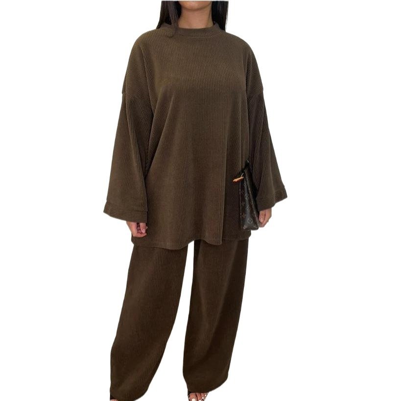 Boutique Wholesale 2024 Summer New Corduroy Solid Color Round Neck Long Sleeved Sweatshirt Casual Pants Women's Set