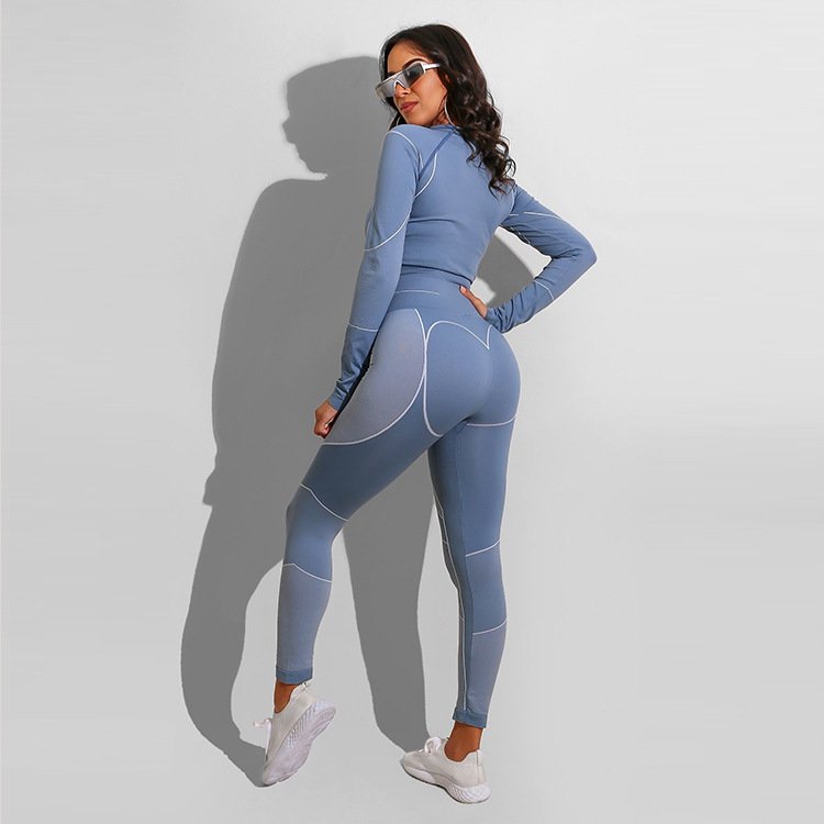 2020 Stripe Long Sleeve Crop Tops High Waisted Workout Leggings Yoga Set For Women