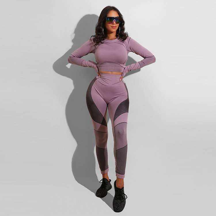 2020 Stripe Long Sleeve Crop Tops High Waisted Workout Leggings Yoga Set For Women