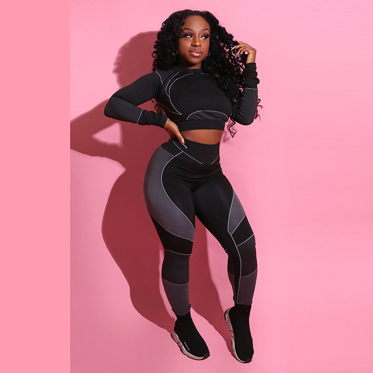 2020 Stripe Long Sleeve Crop Tops High Waisted Workout Leggings Yoga Set For Women