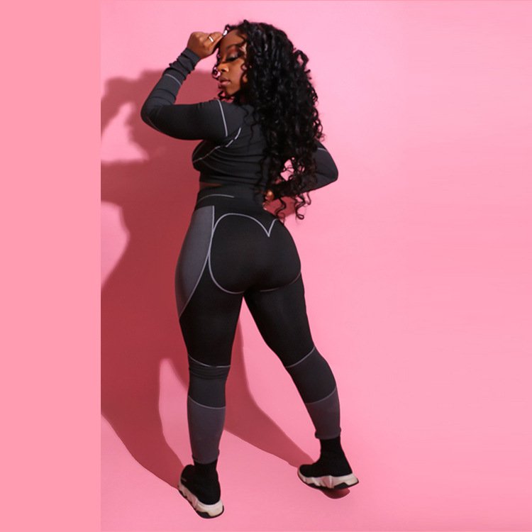 2020 Stripe Long Sleeve Crop Tops High Waisted Workout Leggings Yoga Set For Women
