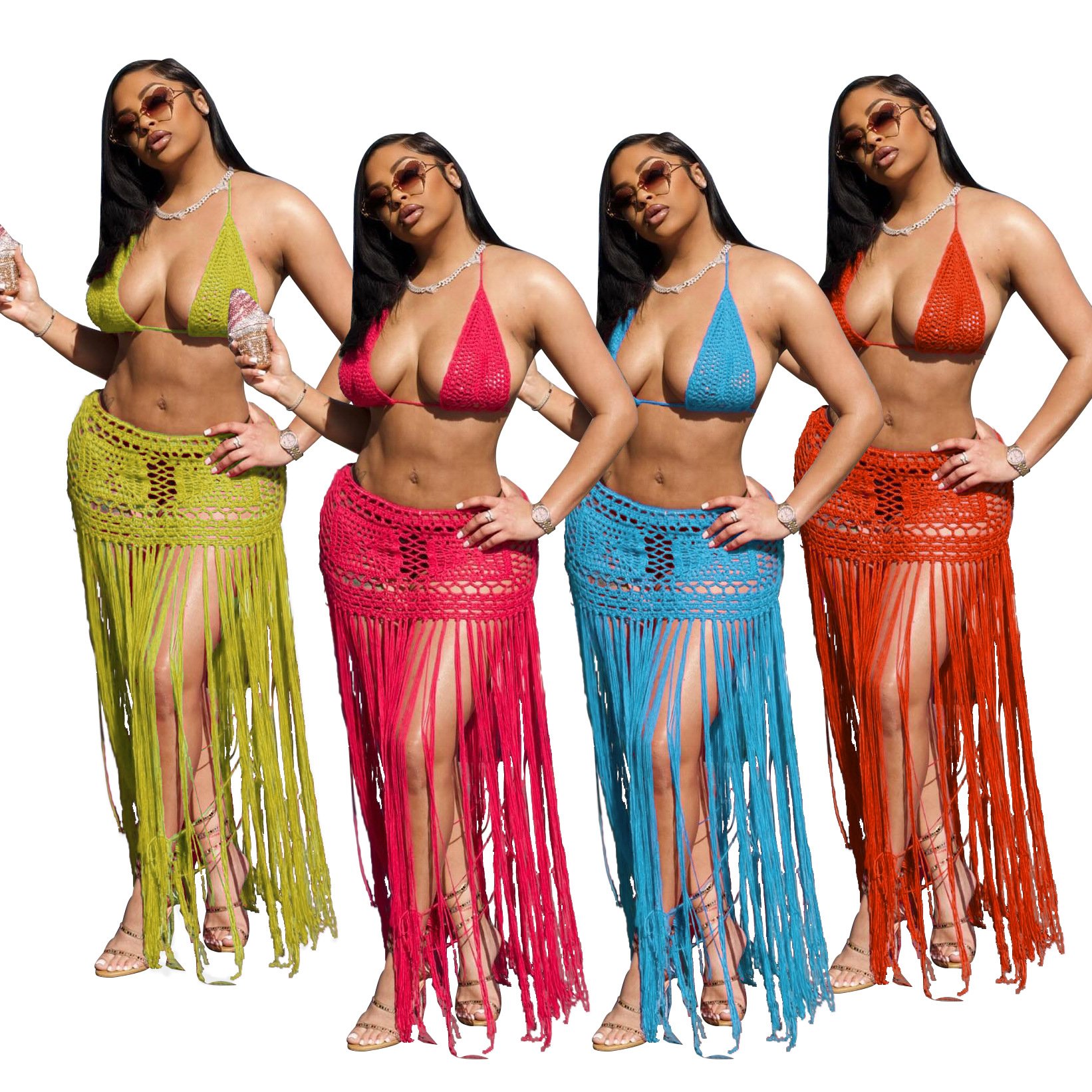 FS14504D sexy halter knitted tops tassel beach skirts women's sets