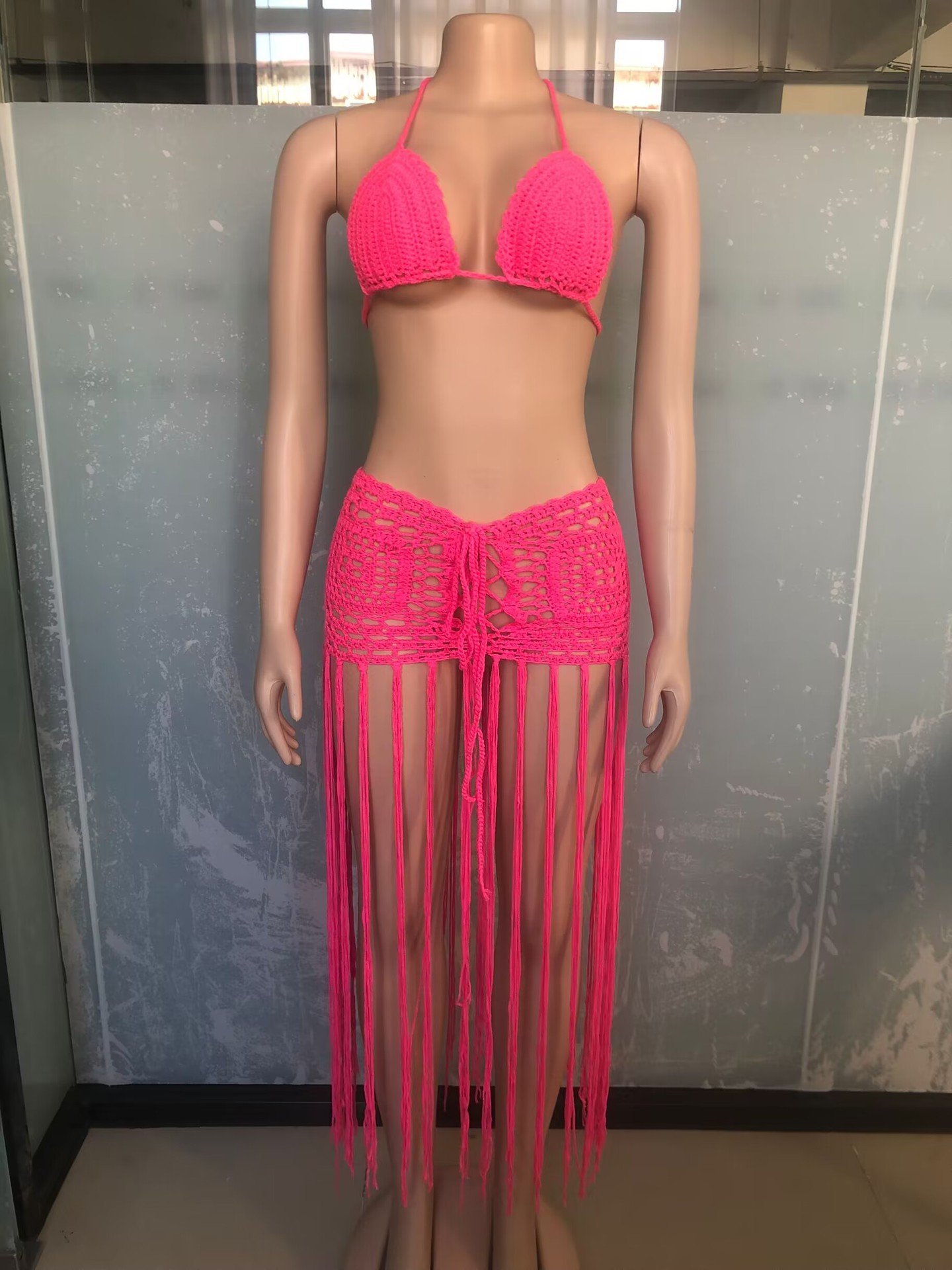 FS14504D sexy halter knitted tops tassel beach skirts women's sets