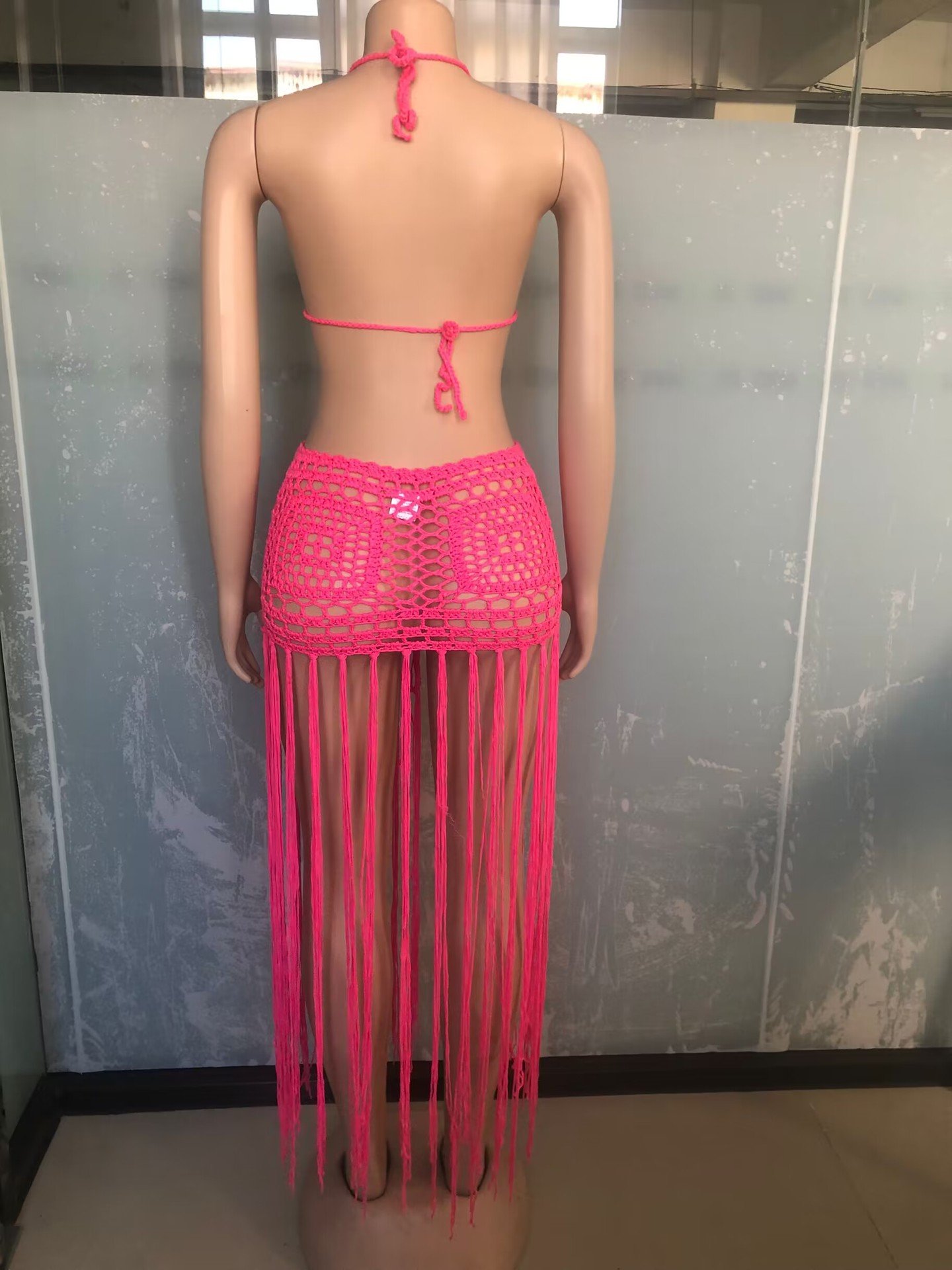 FS14504D sexy halter knitted tops tassel beach skirts women's sets
