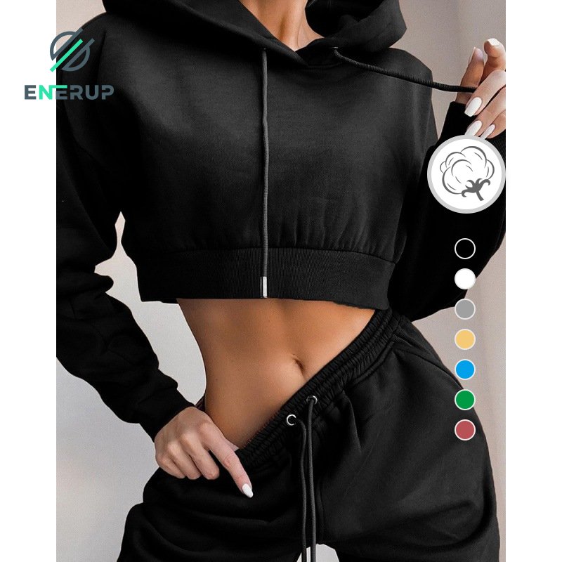 Enerup custom women's cropped hoodies sweatshirts plain pullover girls' hoodies set