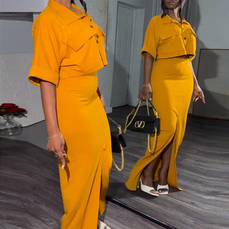 Boutique Wholesale 2024 Summer New Fashionable Collar Short Shirt Split Hip Bag Half Skirt Women's Set